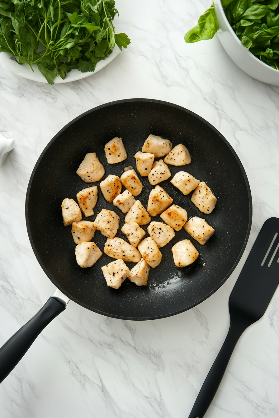 Top-down view of skinless boneless chicken breast chunks cooking in a black non-stick skillet over a white marble cooktop. The chicken is seasoned with salt and pepper and is turning golden brown, an important step to infuse flavor and texture into the Alfredo pasta. A glass bowl with raw chicken sits beside the skillet.