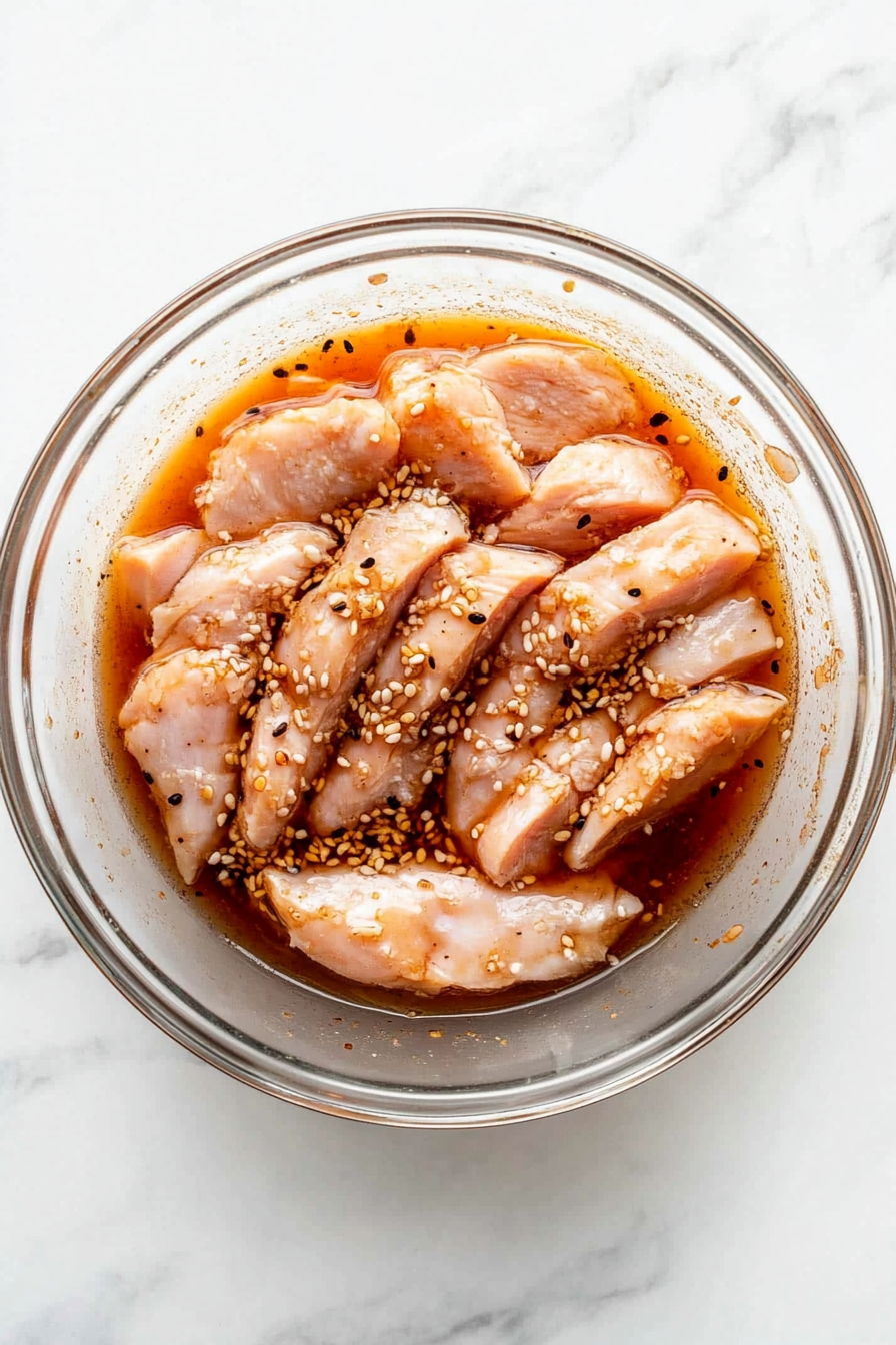 Raw chicken breast strips are shown marinating in a mixture of dark soy sauce, garlic and ginger paste, sesame oil, sugar, and white pepper. The marination is being done in a transparent glass bowl placed on a clean white marble countertop. This step ensures the chicken absorbs all the rich umami and aromatic flavors before coating and cooking.
