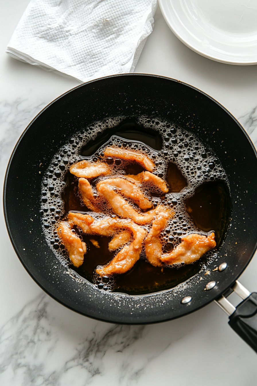 Chicken strips are being shallow fried in a black non-stick frying pan filled with hot vegetable oil. The chicken is golden brown and crispy, resting just above the bubbling oil. This step is essential for locking in flavor and creating the crispy exterior. A paper towel-lined plate is visible for draining excess oil.