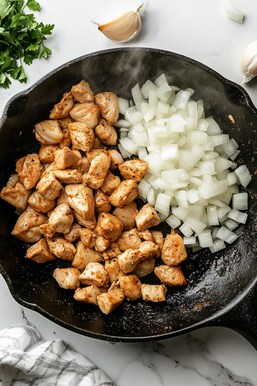 Chopped onions and thinly sliced garlic cloves are added into the same skillet containing browned chicken. The ingredients begin to sauté and release their aroma, adding depth and sweetness to the dish. The black skillet sits on a white marble countertop, with a clear glass bowl of extra garlic and onions nearby, showcasing a real-time cooking moment.