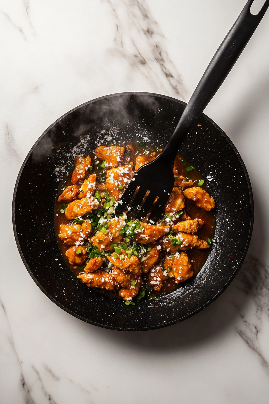 Freshly chopped green and white spring onions are being added to the saucy chicken in the skillet. A final quick stir helps the onion flavors blend gently without losing crunch. The vibrant green color pops against the deep red sauce, adding freshness, color, and aroma to complete the dish.