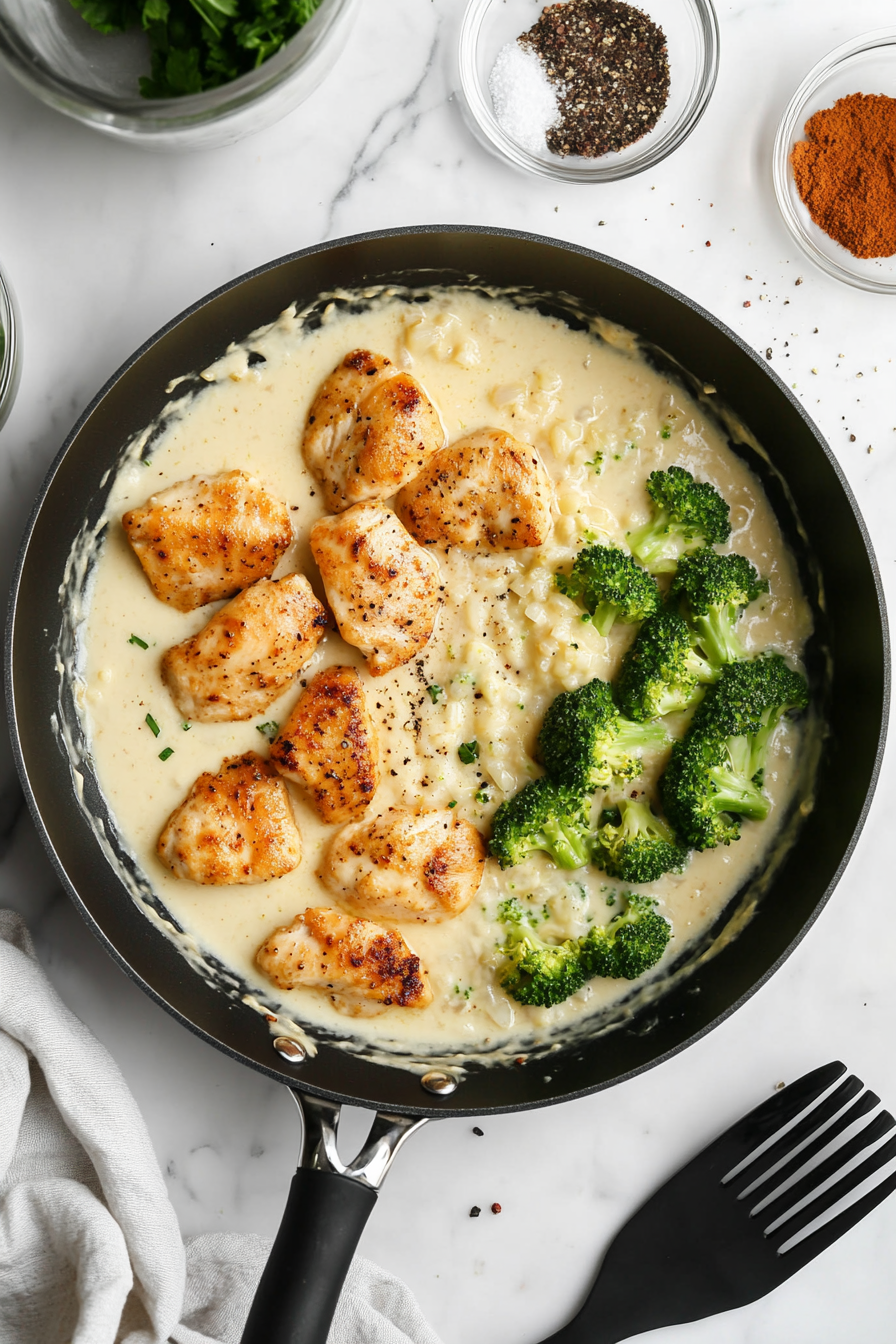 Top-down view of golden cooked chicken and chopped broccoli being added to the Alfredo sauce mixture in a black skillet on a white marble cooktop. Onion powder, black pepper, and salt are also added at this stage. This step enhances the dish with protein and vegetables, blending into the rich creamy base.