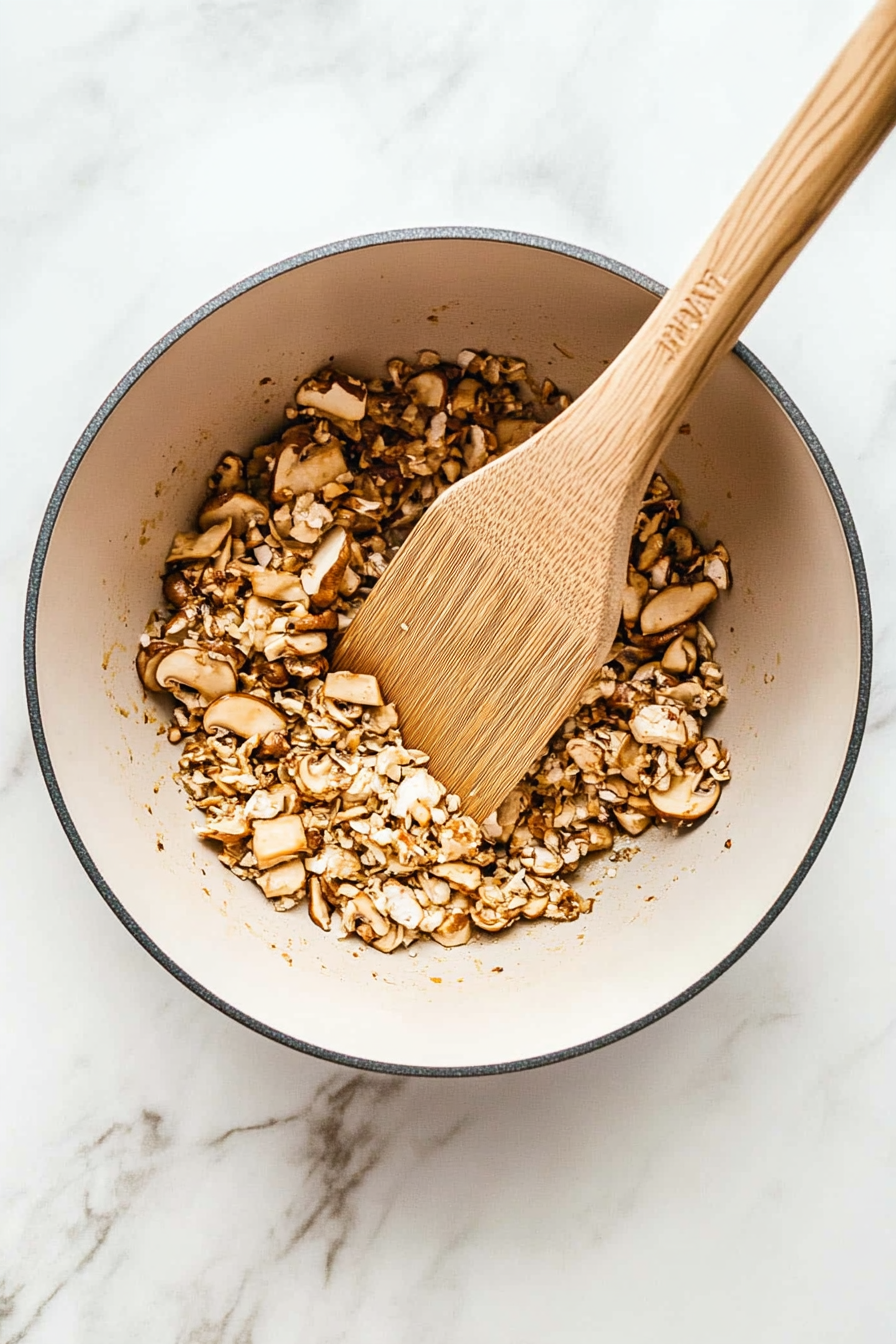 Chopped oyster mushrooms and minced garlic are added to sautéed onions in a stainless steel saucepan, placed on a white marble countertop. The mushrooms are turning golden as they cook down, releasing their moisture and flavor. Garlic adds a fragrant base to the mixture, enriching the depth of the creamy chicken and mushroom filling.