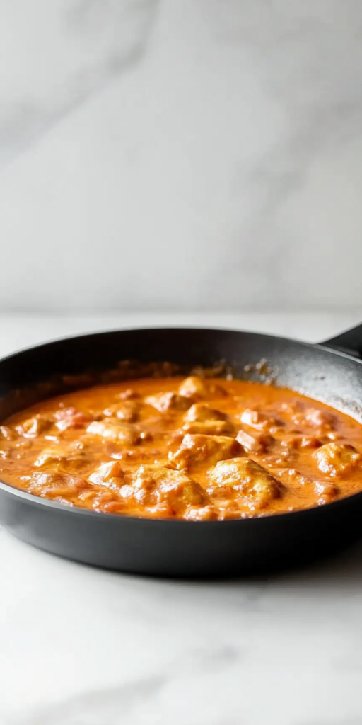 side view of a rich and creamy butter chicken dish served in a large black skillet. The thick tomato and cream-based gravy surrounds tender chicken chunks, making the dish look warm, comforting, and flavorful. The white marble countertop and simple background highlight the orange-colored curry, creating an inviting presentation of this classic Indian dish.