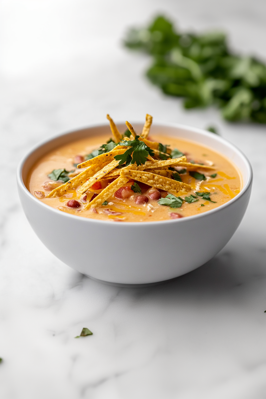 A comforting bowl of creamy chicken taco soup served in a white ceramic bowl placed on a clean white marble countertop. The soup is topped with golden corn tortilla strips, melted cheddar cheese, and visible chunks of chicken, corn, beans, and tomatoes. The overall look is hearty, vibrant, and full of rich Mexican-inspired flavors, making it an inviting dish for any mealtime.