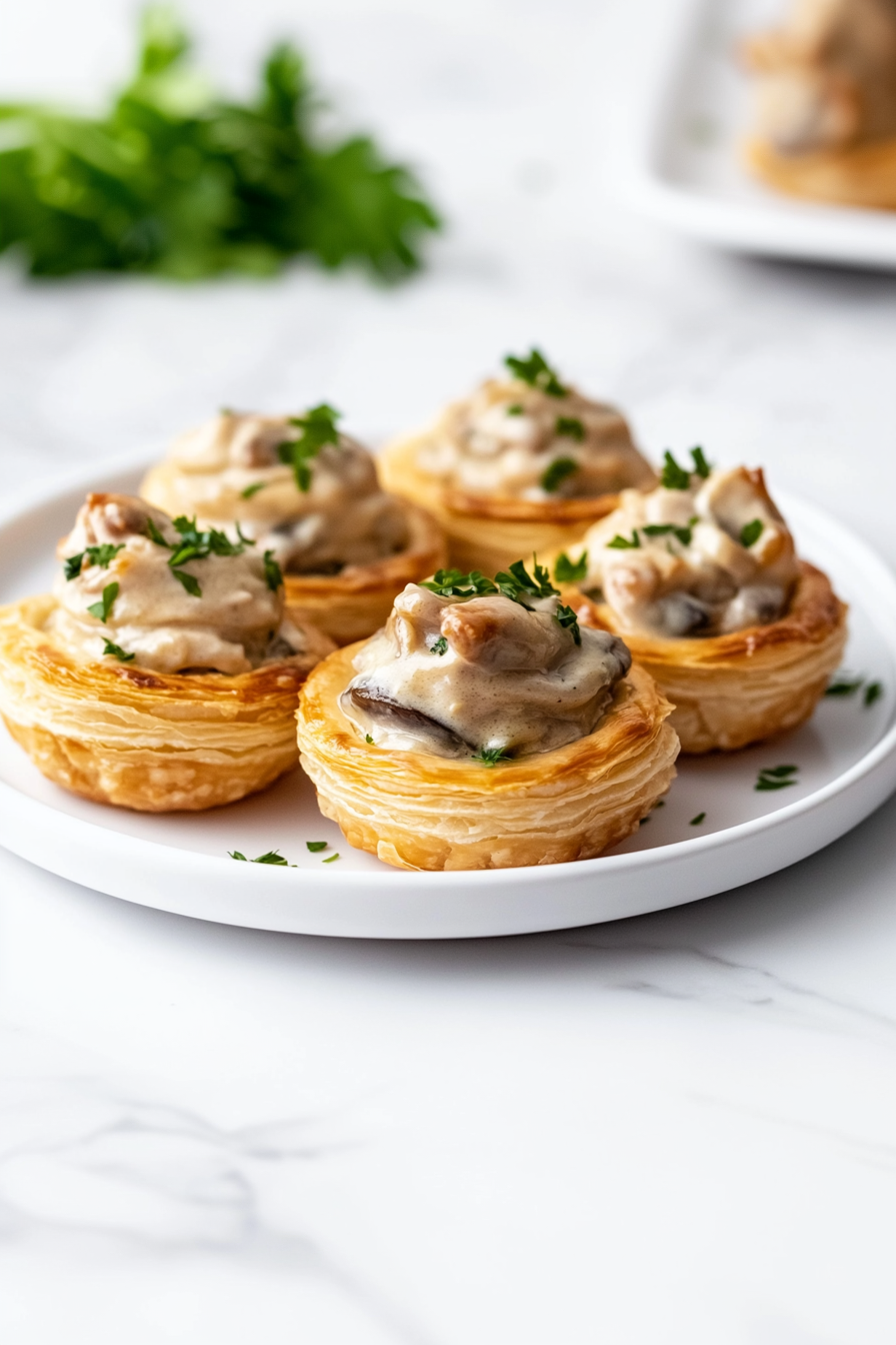 Golden vol-au-vent shells are arranged on a white plate over a marble countertop and being filled with the creamy chicken and mushroom mixture using a spoon. The dish is garnished with fresh chopped parsley. The vol-au-vent shells are flaky and warm, ready to be served as a comforting and visually appealing appetizer or main.
