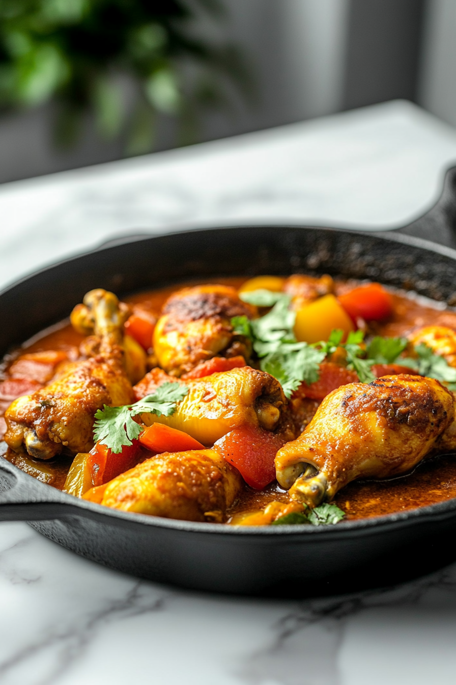 Top-down view of a hearty chicken stew cooked with red bell peppers and tomato-based sauce, garnished with fresh coriander and served hot in a black skillet. The dish is rich in color and flavor, combining tender chicken pieces, vegetables, and spices. It’s placed on a clean white marble countertop for a homely presentation.