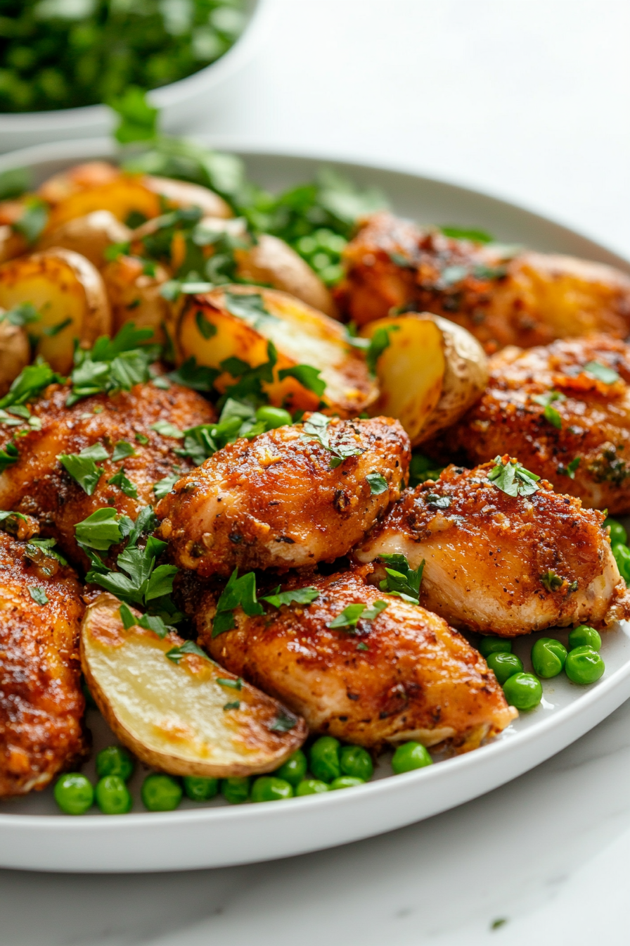 A top-down view of a beautifully plated chicken and potato skillet dish. The golden-brown chicken pieces are surrounded by tender Yukon Gold potato wedges and bright green peas, all nestled in a herbed sauce. The food is served on a white platter placed on a clean white marble countertop, creating a rustic, homey presentation ideal for family meals or dinner parties.