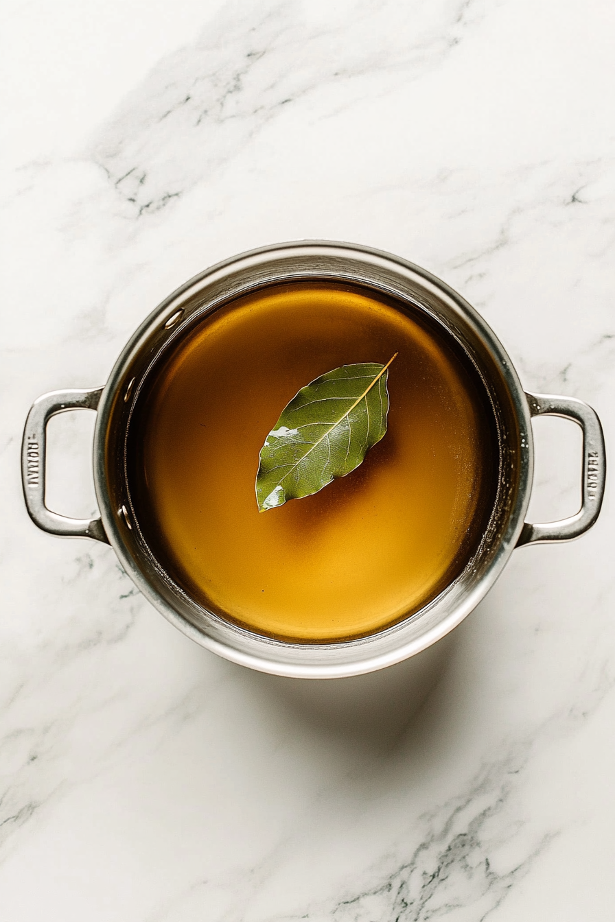A top-down view of a stainless steel saucepan containing warm chicken stock with a bay leaf floating on top, set over a white marble countertop. A measuring cup and a small dish with an additional bay leaf sit beside the pan. This step sets the base flavor for the dish and enhances aroma in the final recipe.