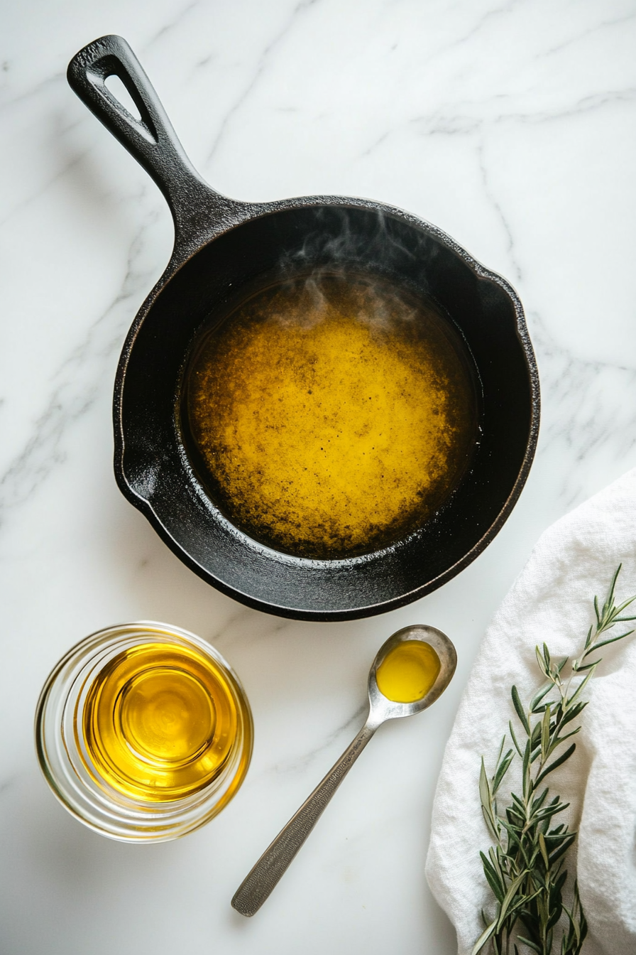 A black skillet sits on a white marble countertop with golden olive oil heating in the center, preparing for sautéing. This step is crucial for building flavor. The light sheen of the oil indicates it's ready for the next ingredient. A glass bowl with leftover olive oil and a measuring spoon are also visible.