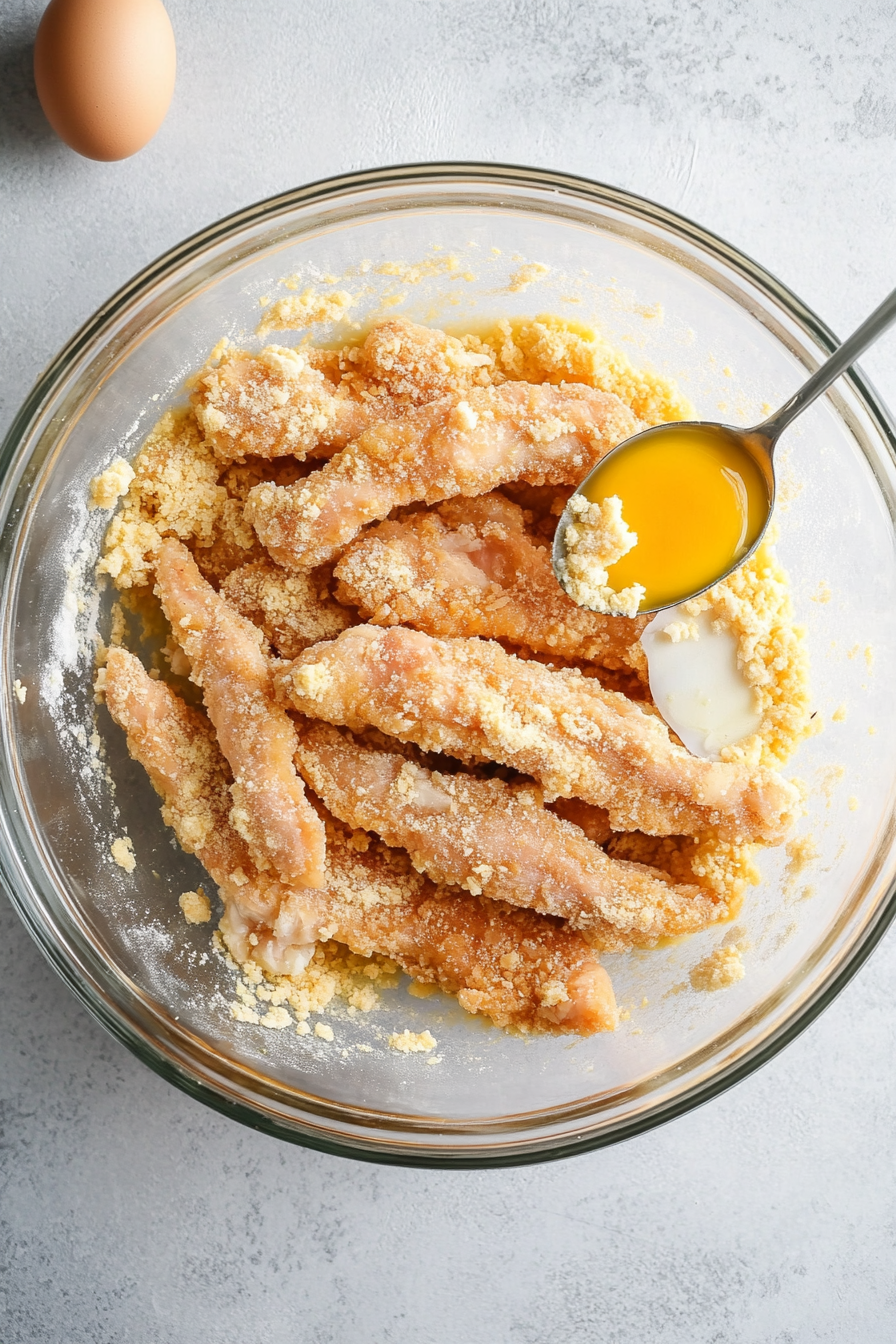 The marinated chicken is being coated with cornflour and egg white along with an extra spoon of garlic and ginger paste. This step is captured in a clear glass mixing bowl over a white marble countertop. This coating gives the chicken a light, crispy texture when fried and also helps the sauce cling beautifully in later steps.