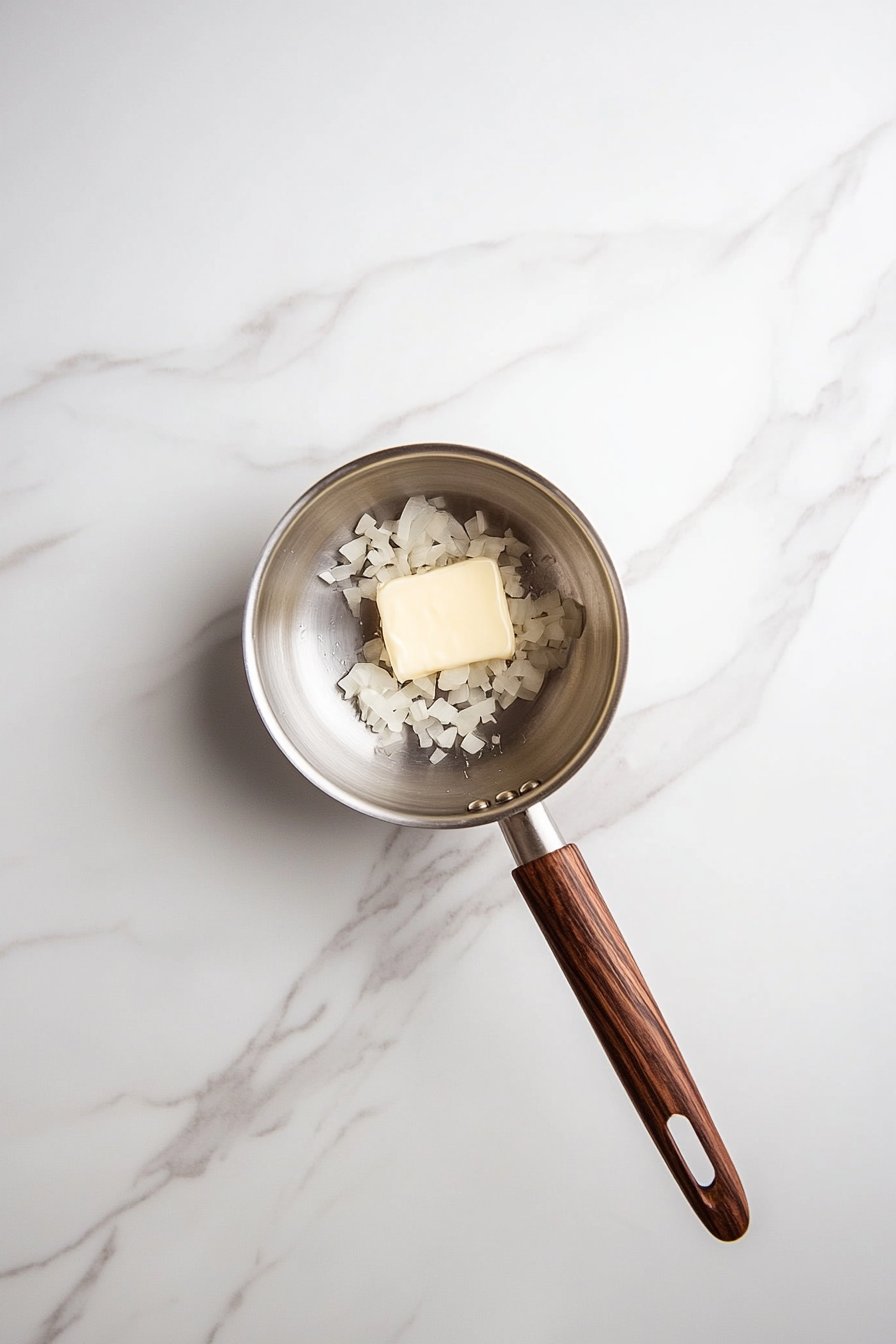 A stainless steel saucepan over a white marble surface contains melted butter and minced onion being sautéed with a wooden spatula. The onions are beginning to soften and turn translucent. A glass bowl with more butter and another with minced shallots sit nearby, showing the ingredients in progress as they build flavor for the creamy filling.