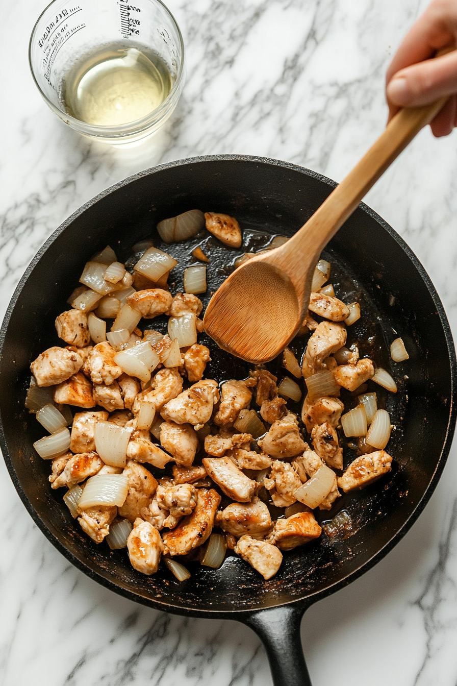 Dry white wine is poured into the skillet containing chicken, sautéed onions, and garlic. A wooden spoon scrapes the bottom to lift flavorful browned bits into the liquid, creating the base of a savory sauce. The moment is captured over a white marble countertop with a clean background, focusing on the cooking process and rich aroma development.