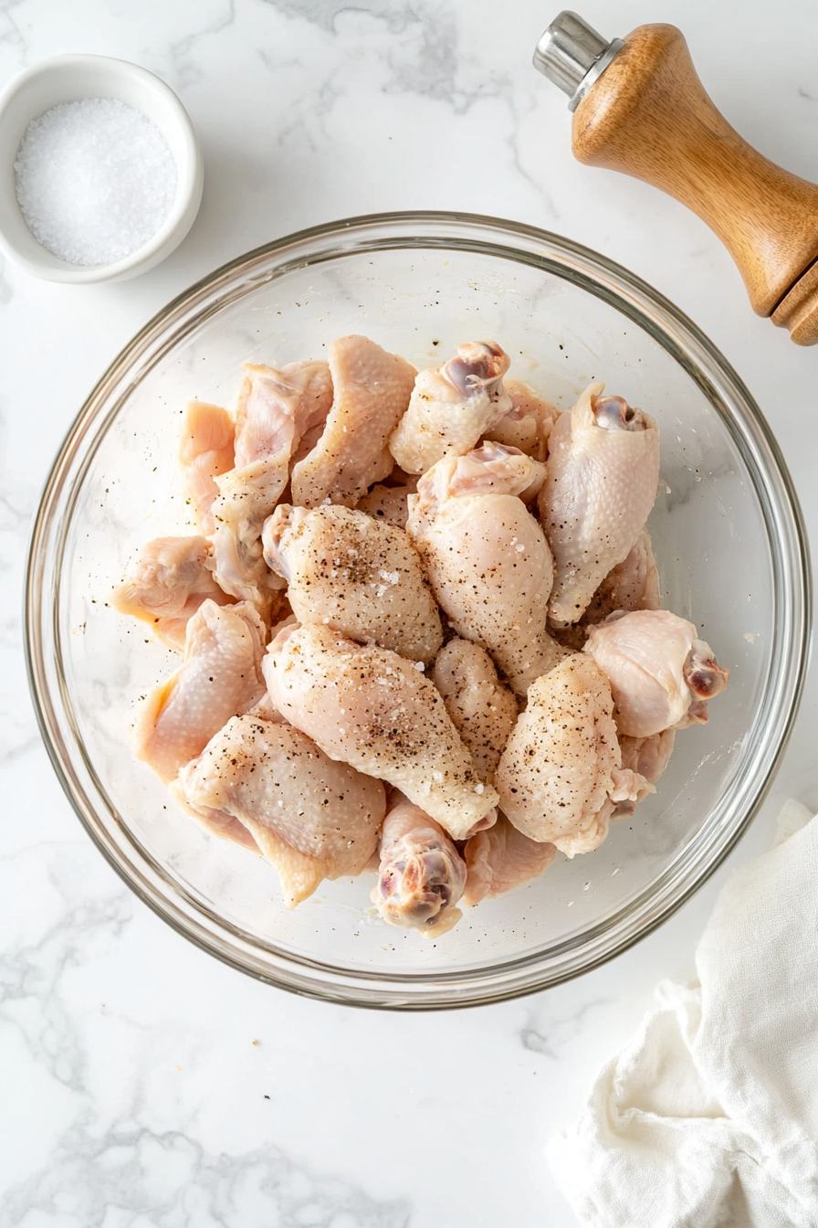 A top-down image of raw bone-in, skin-on chicken pieces being seasoned with salt and freshly ground black pepper in a large glass bowl. The chicken is prepared for cooking, and the seasoning process emphasizes even coating for flavor. The setup is minimal, placed on a clean white marble countertop with a small bowl of salt and a pepper mill nearby.