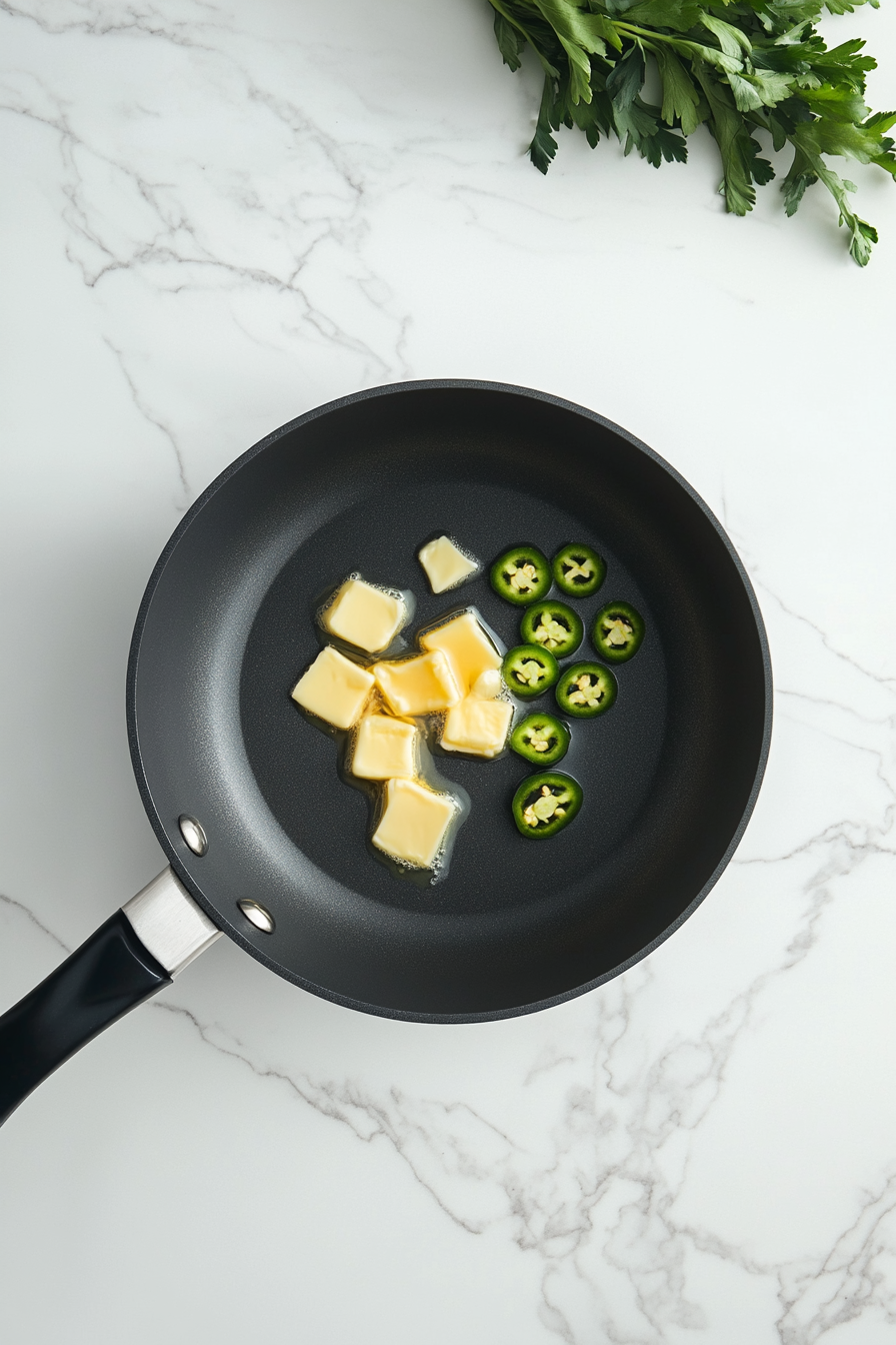 A top-down view of a black pot sitting on a white marble cooktop where diced yellow onions and jalapeño peppers are being sautéed in melted butter. The vegetables are softening and releasing their aroma. Minced garlic is being added to enhance flavor. The cooking process begins with this step, creating a savory base for the soup with a clean and simple kitchen background.