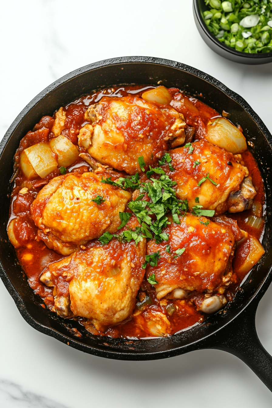 After simmering uncovered for 20 minutes, the chicken becomes tender and the sauce thickens beautifully. The dish is finished with a garnish of freshly chopped coriander. The skillet is placed on a white marble countertop, showcasing a vibrant and flavorful chicken stew ready to serve. The presentation is rustic yet refined.