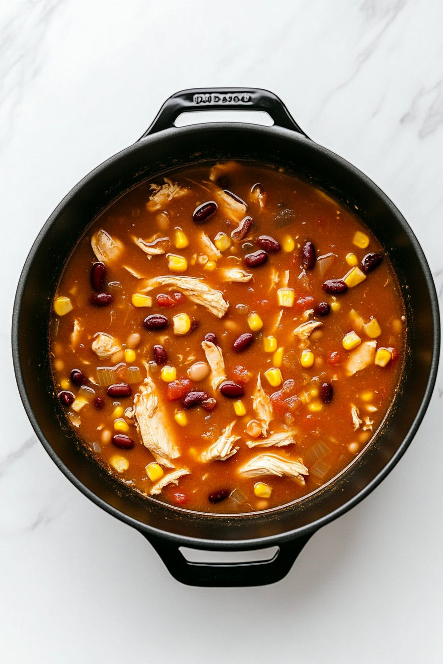 The soup mixture is gently simmering in a black pot with a partially covered lid on a white marble cooktop. Chicken breasts are slowly cooking while the soup bubbles lightly. Visible are beans, tomatoes, corn, and a golden broth enriched with spices. This step ensures tender chicken and flavor development, with the background kept clean and distraction-free for focus on the cooking process.