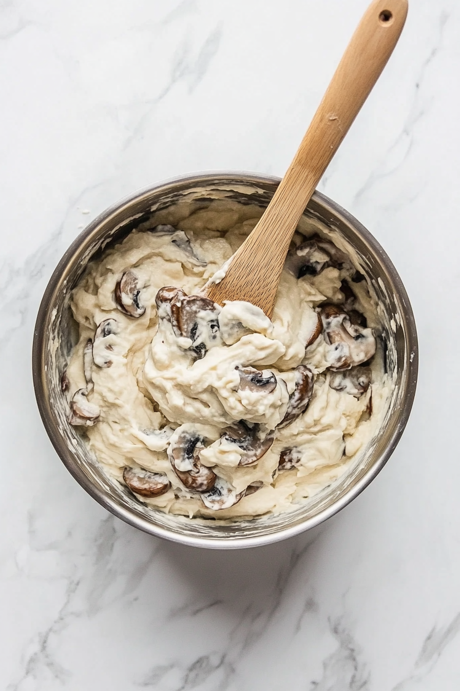 The mushroom and onion mixture in the stainless steel saucepan is being stirred with a wooden spatula while flour is added to form a roux. A splash of white wine is being poured in, creating a bubbling, thickened base. This step is key to forming the rich, velvety texture of the vol-au-vent filling.