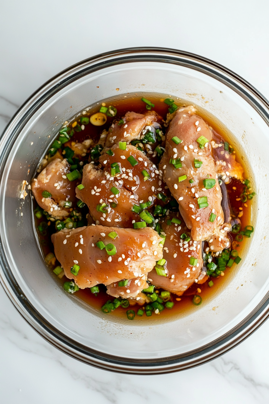 Cut chicken thighs into strips and add them to the marinade, coating well. Let it sit for at least 10 minutes.