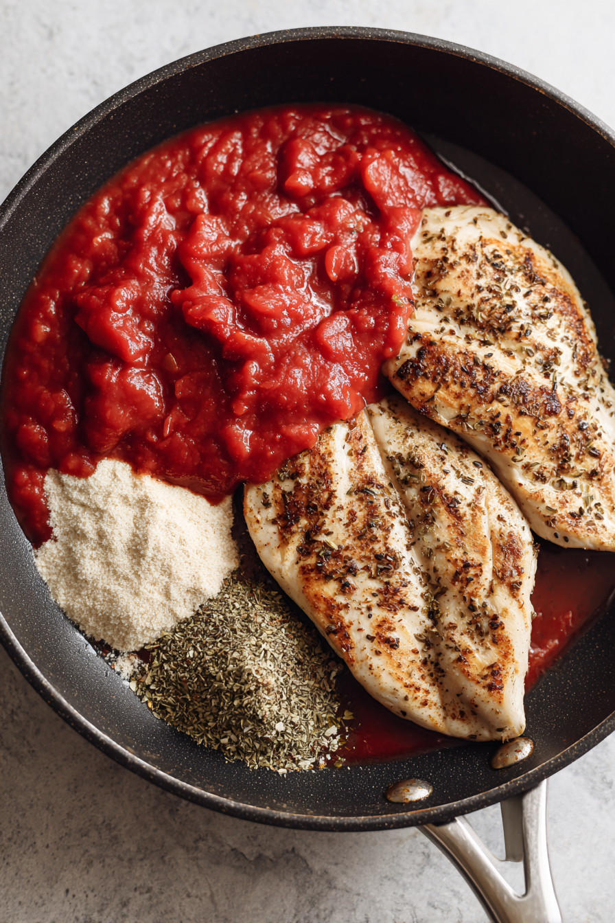 Pour in tomato sauce, water, taco seasoning, vinegar, garlic, cumin, oregano, and sugar.