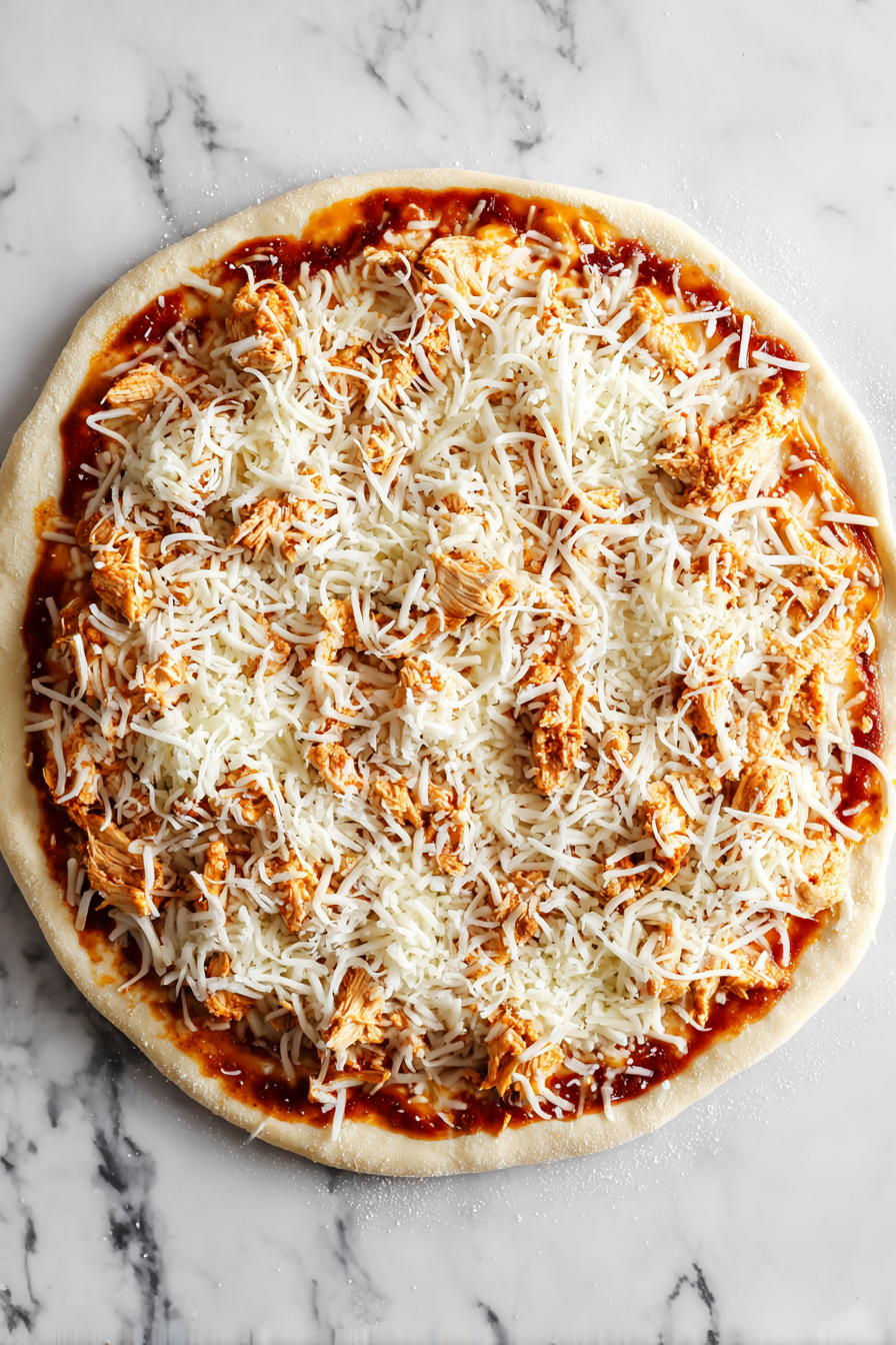 Add the buffalo chicken evenly across the crust. Sprinkle shredded mozzarella cheese on top.