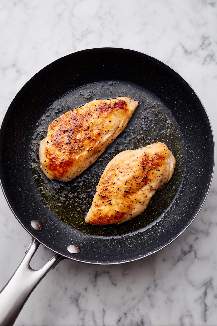 Add chicken breasts and sear until lightly golden on both sides.