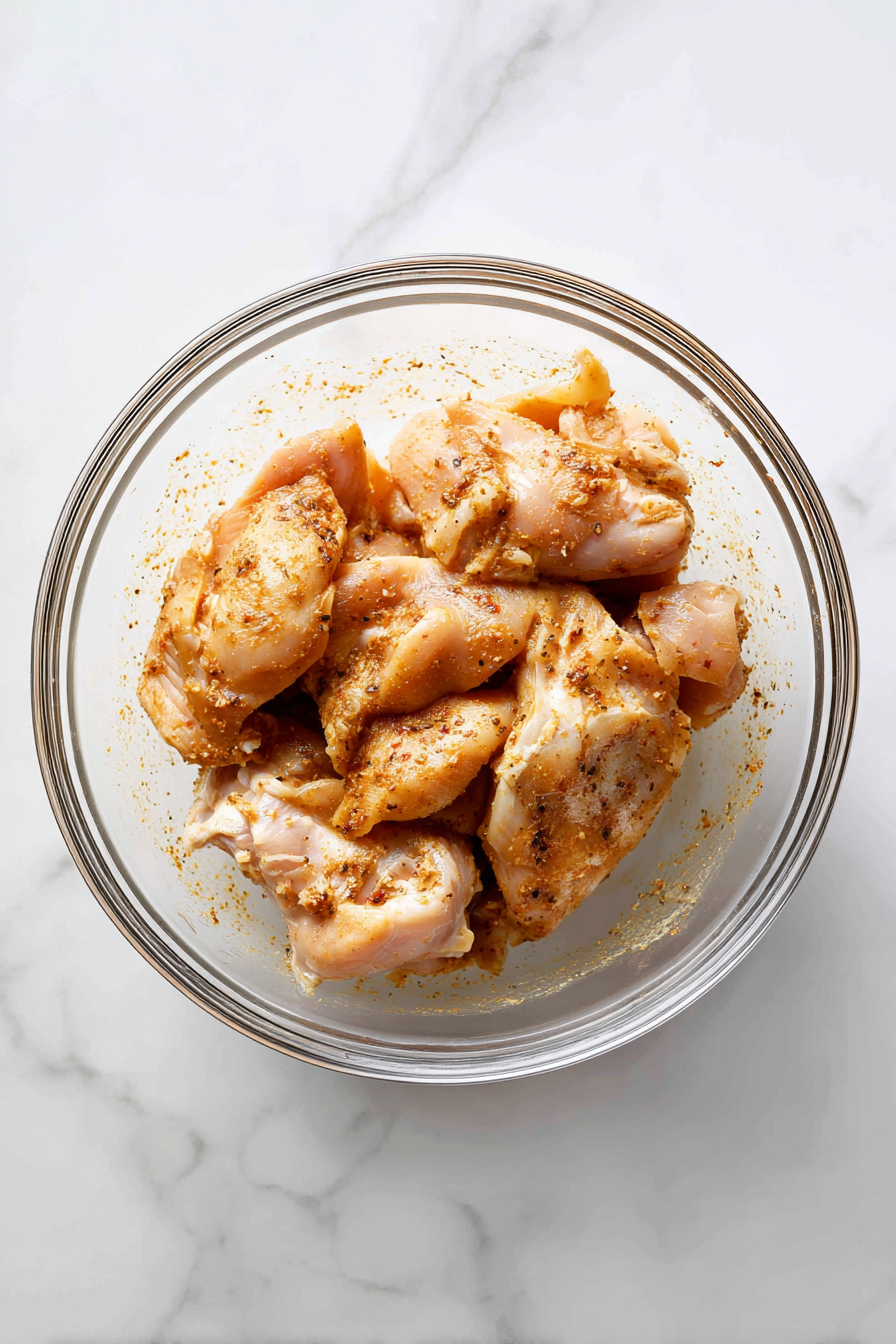 Add chicken thighs and coat well. Let marinate for at least 10 minutes.