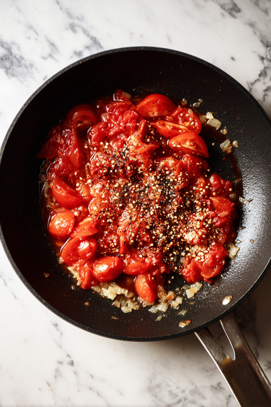 Add crushed canned tomatoes and bring to a simmer.