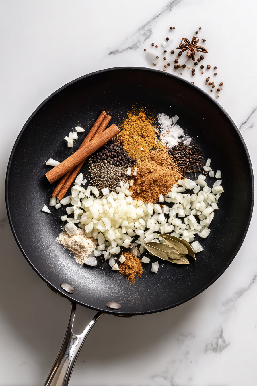 Stir in all the spices and bay leaves; cook for 1 minute.