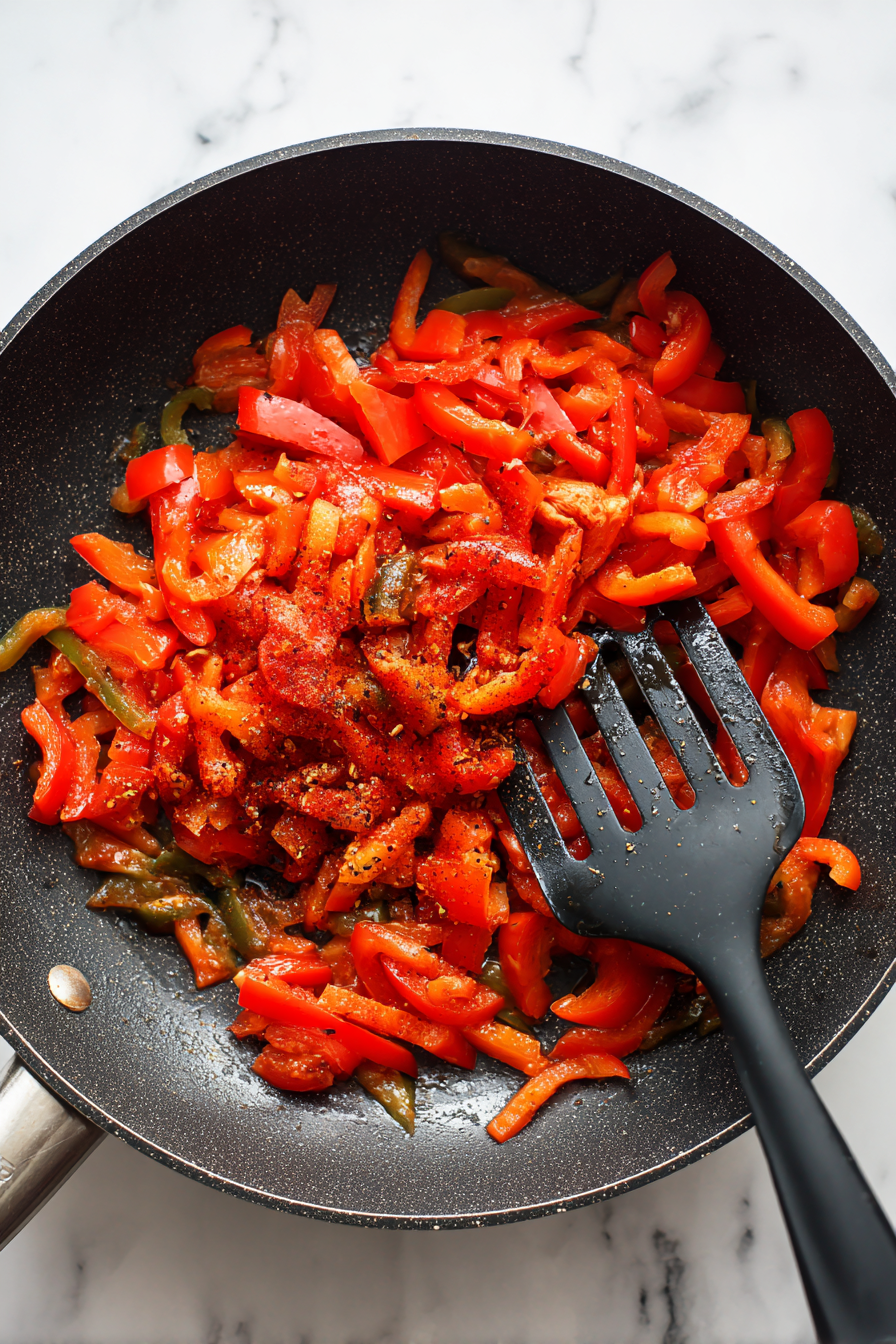 Add cooked chicken, paprika, cayenne, black pepper, and salt. Stir well to coat.