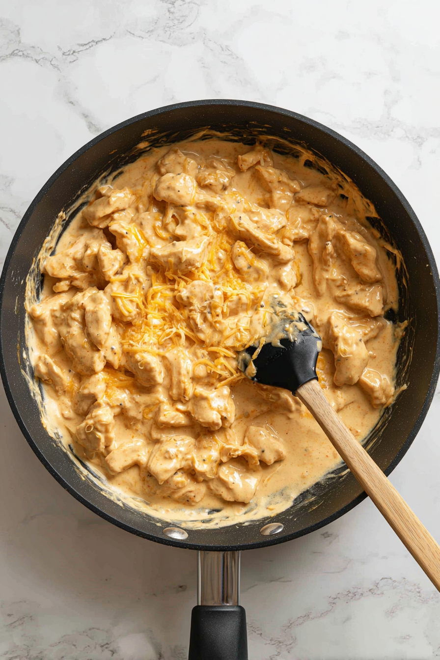 Mix in cream cheese and shredded cheese until melted and creamy. Remove from heat.