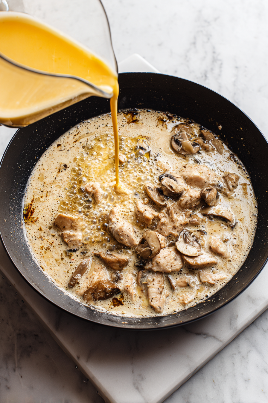 Pour in double cream and simmer until thickened.