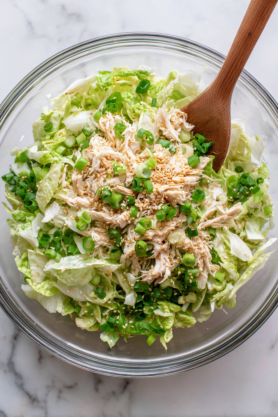 Add shredded chicken, chopped green onions, and toasted sesame seeds to the bowl.