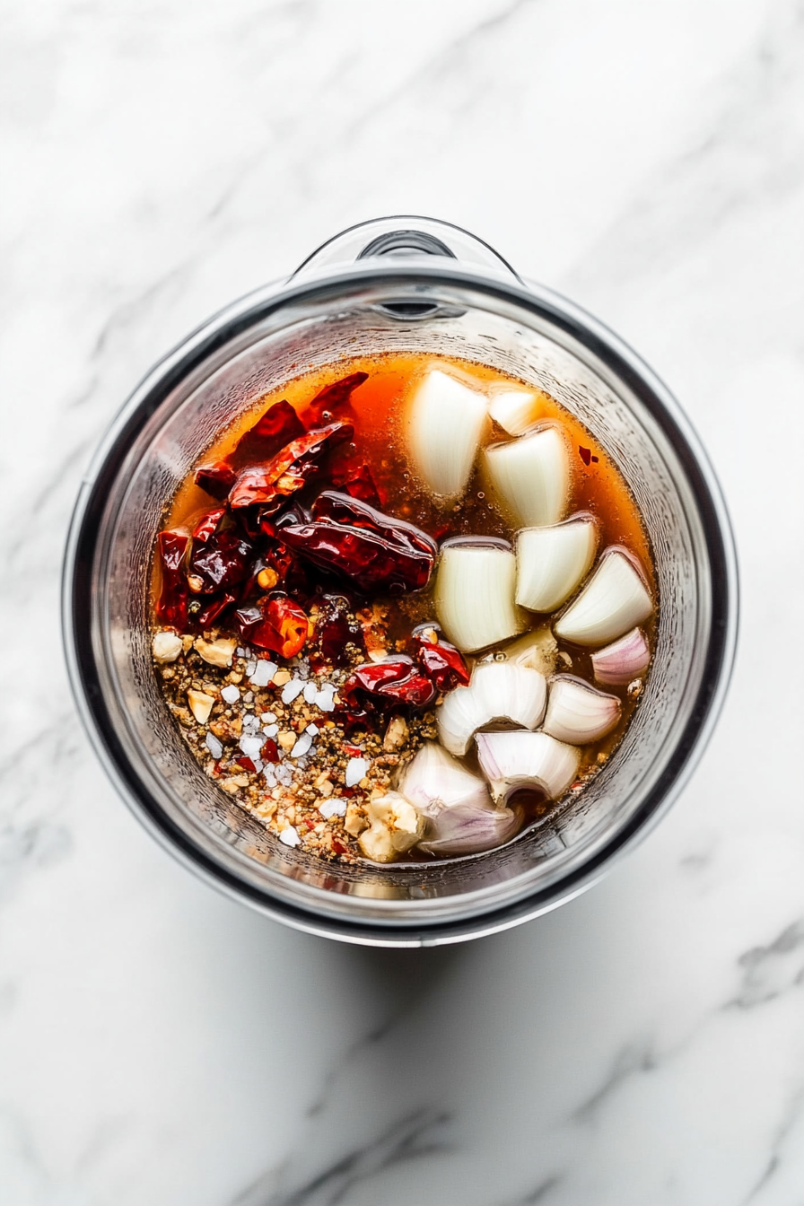 Blend sauce: Blend soaked chiles with garlic, onion, reserved broth, and spices until smooth.