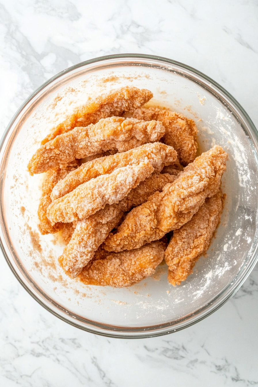 Remove chicken from marinade, coat well in flour mix.