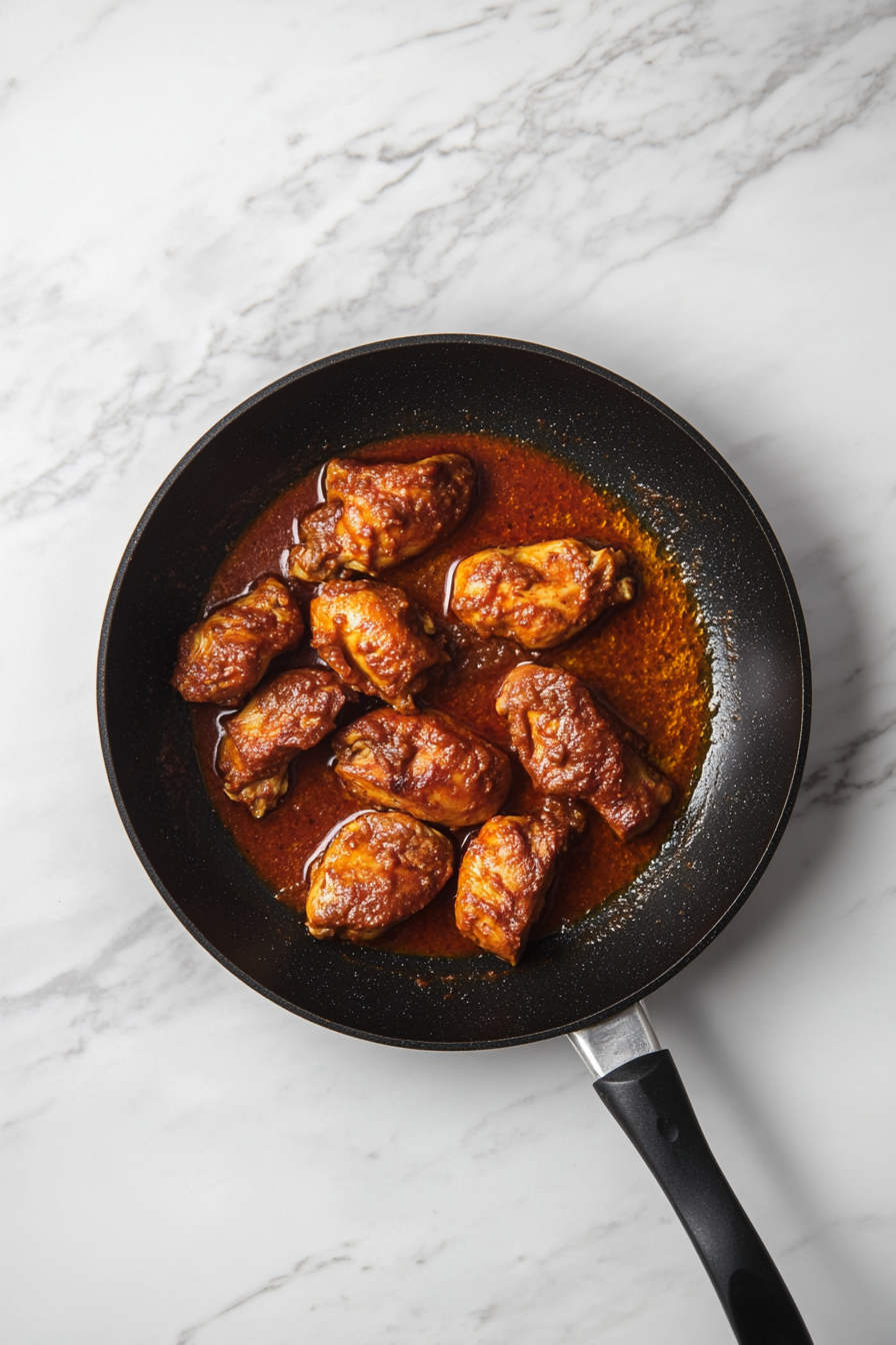 Mix in the ground spice powder, garam masala, and salt; cook until chicken is done.