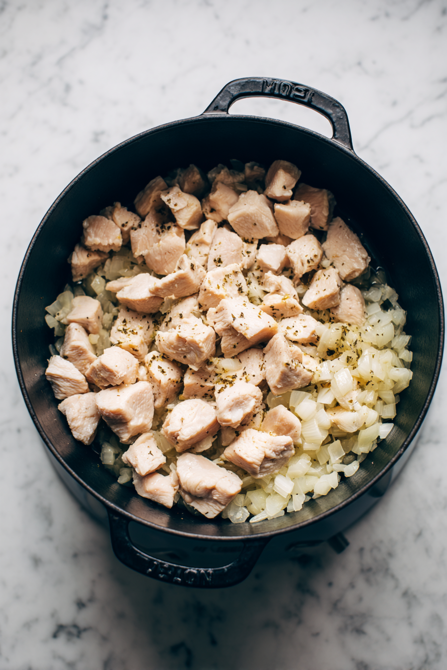 Stir in diced chicken breasts and cook until no longer pink.