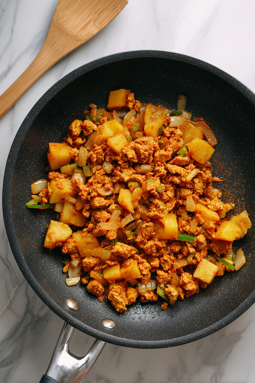 In a pan, cook ground chicken, onions, chopped potato, green chili, and all spices until the mixture is dry and cooked through. Let it cool.