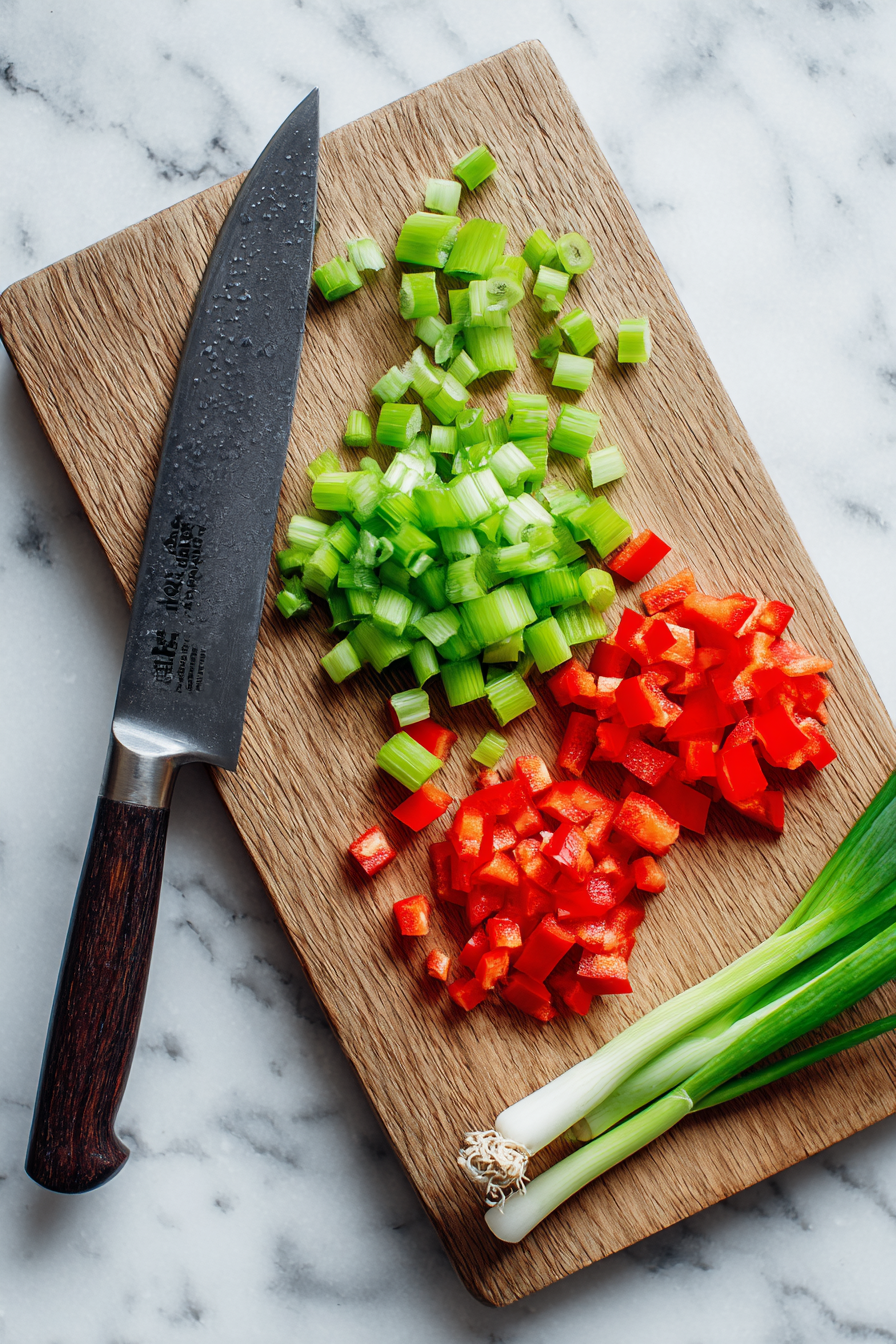 Dice the celery, green onions, and red bell pepper finely.