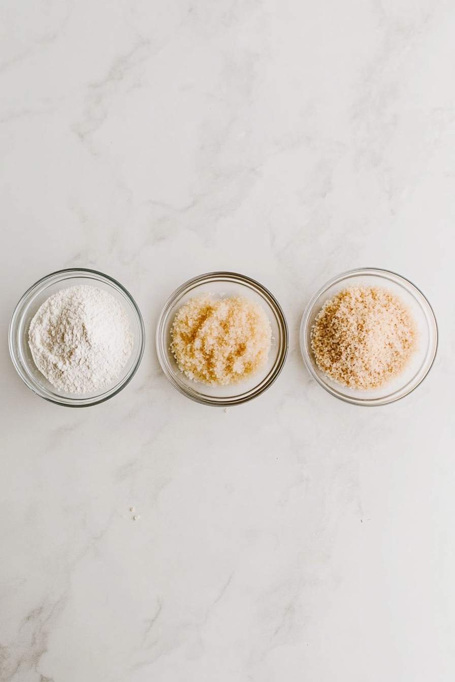 Dredge each piece in flour, then dip into beaten egg, and coat thoroughly with panko breadcrumbs.