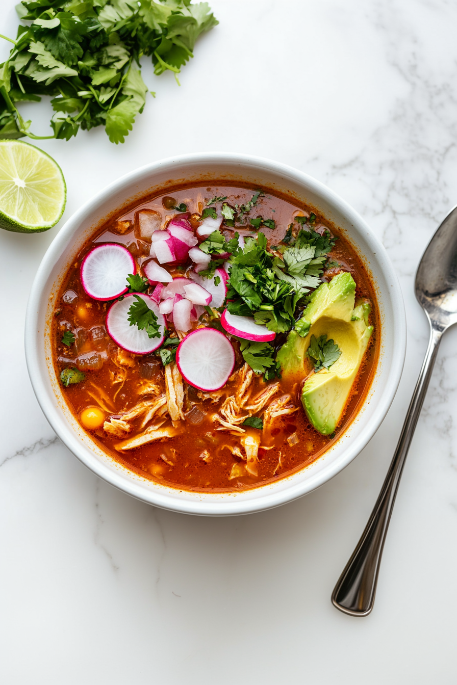 Serve: Best Red Pozole Chicken Recipe! Ladle into bowls and top with cabbage, avocado, radishes, lime, and cilantro.