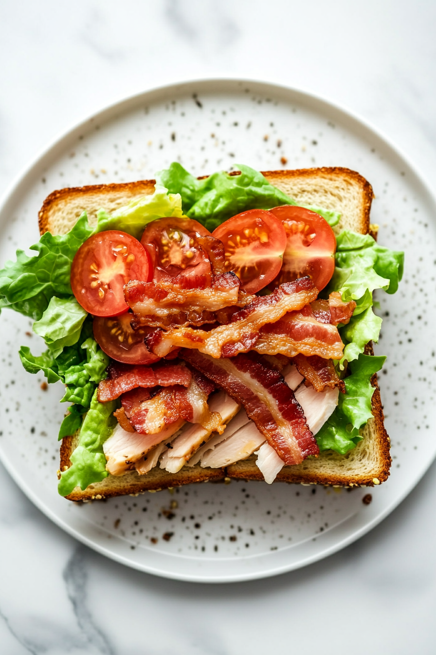 Layer lettuce, tomato, turkey, and bacon on one slice.
