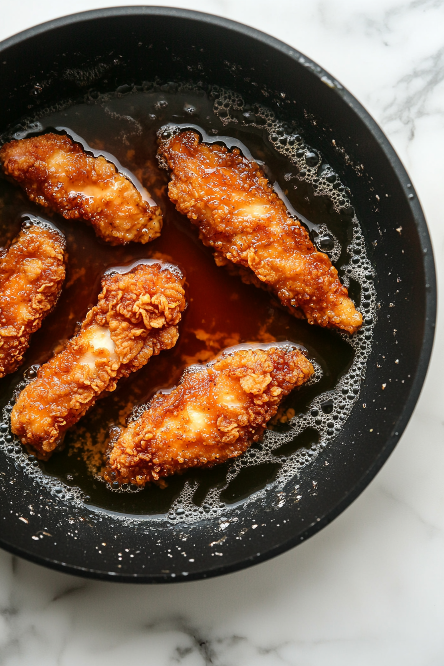 Fry chicken strips in batches until golden brown and cooked through, about 4-5 minutes per batch.