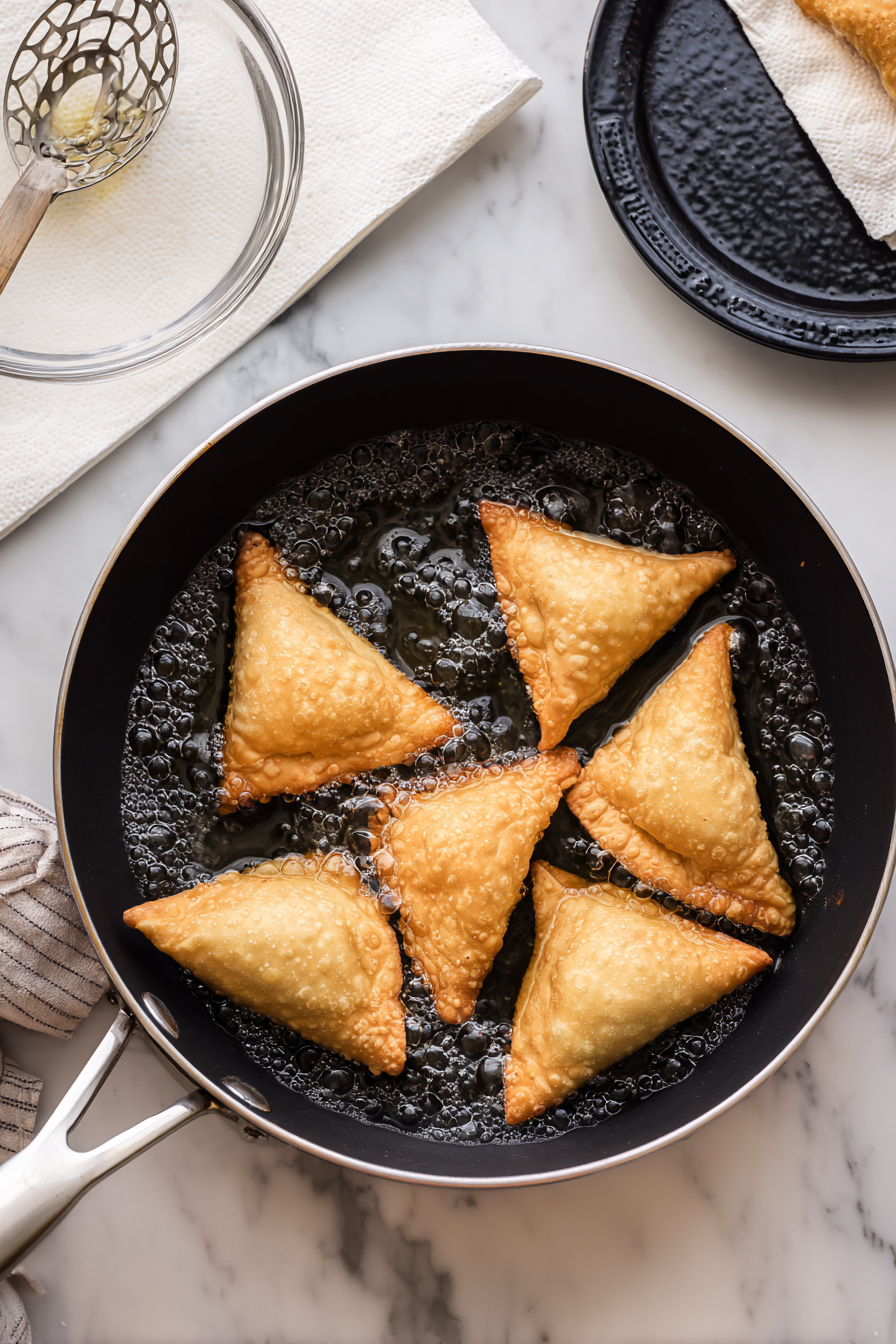 Gently slide the samosas into hot oil, a few at a time.