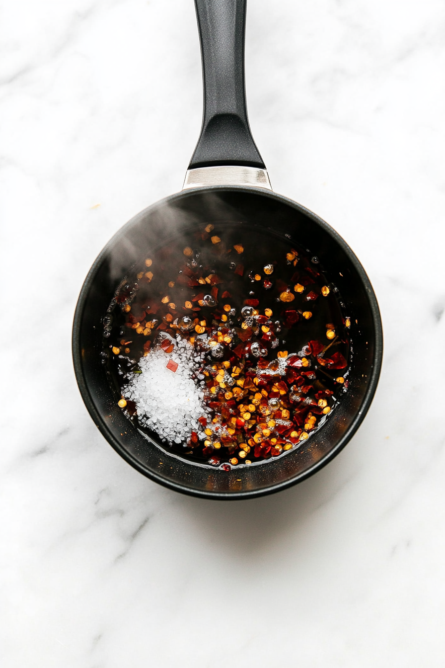 Meanwhile, combine vinegar, salt, sugar, red pepper flakes, and garlic in a saucepan to heat slightly, then pour over carrots and cucumber to pickle.