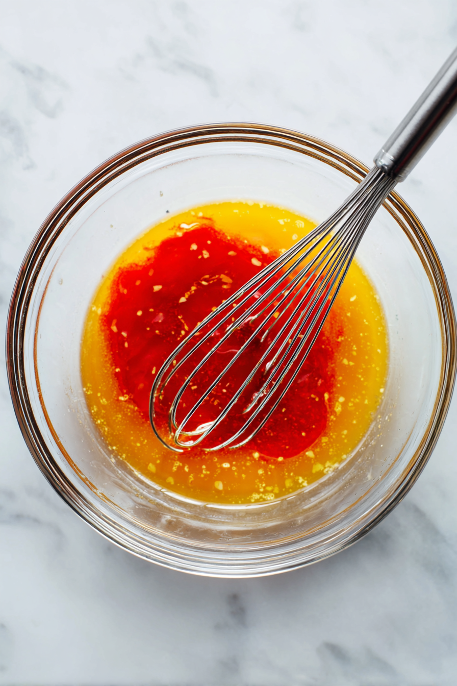 In a bowl, mix hot sauce and melted butter.