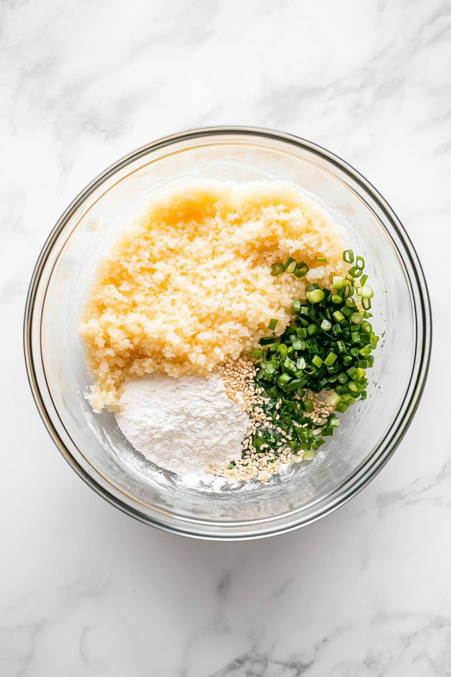 In a large bowl, whisk together mochiko flour, cornstarch, sugar, salt, eggs, green onions, soy sauce, garlic, and sesame seeds until smooth.