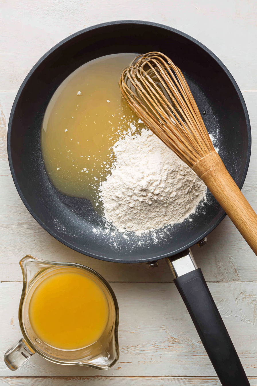 In a separate pan, melt butter, whisk in flour, then slowly add broth and half & half to make a creamy sauce.