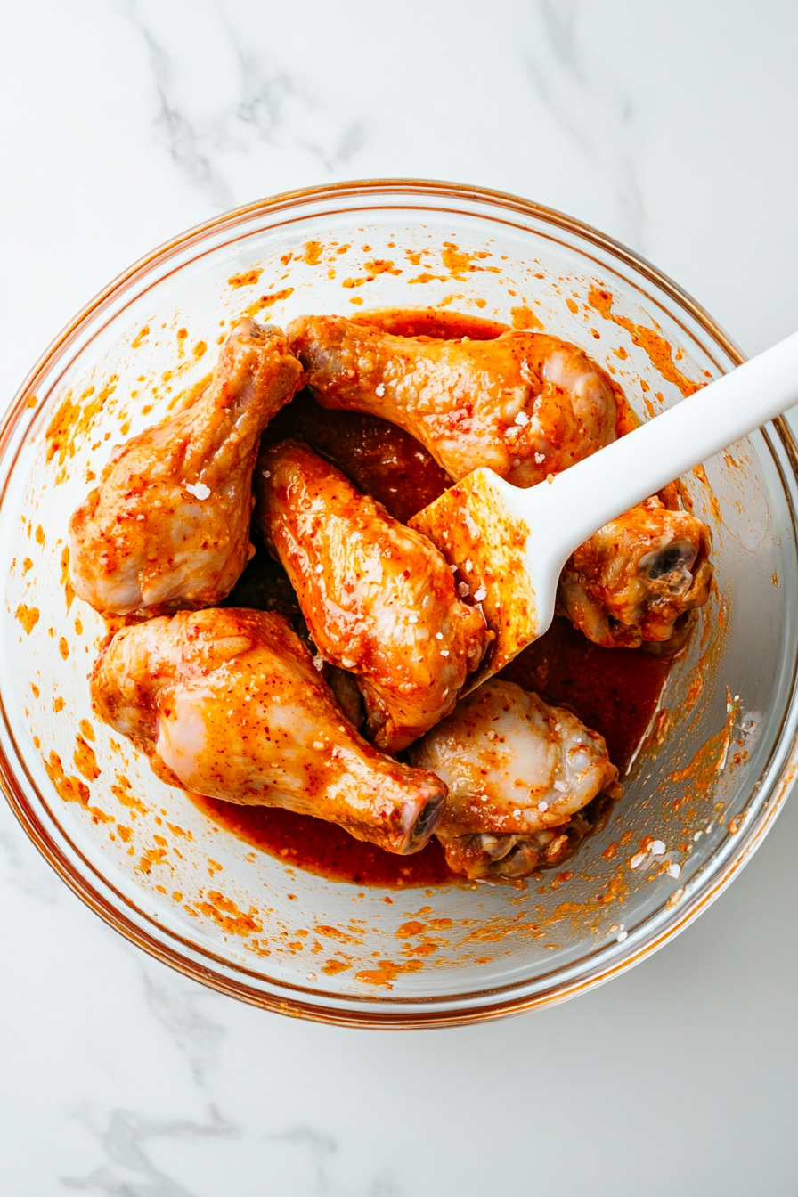 Place chicken in a bowl, season lightly with salt, and pour the marinade over.