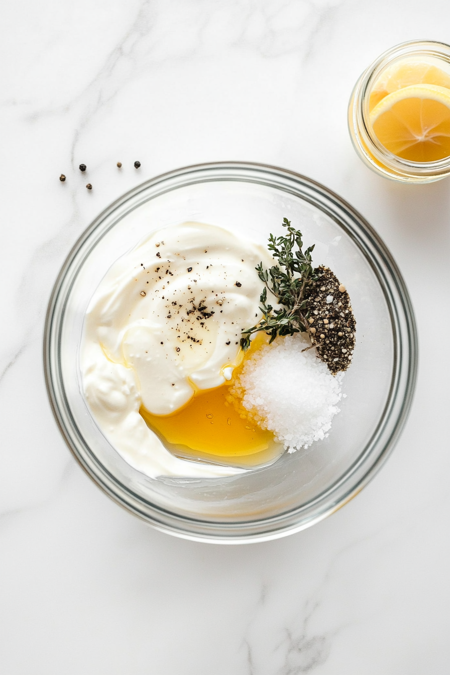 In a large bowl, whisk together mayo, sour cream, honey, lemon juice, vinegar, basil, rosemary, salt, and pepper.